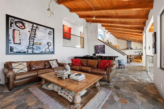 living room featuring beamed ceiling, high vaulted ceiling, and wood ceiling