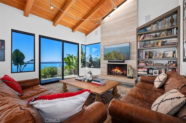 living room featuring beam ceiling, high vaulted ceiling, a fireplace, and wood ceiling