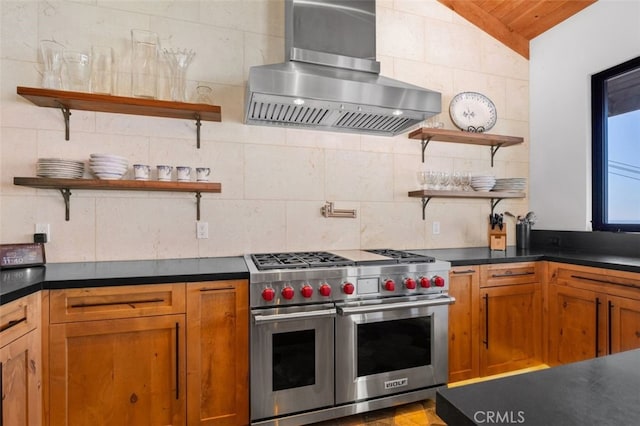 kitchen featuring island exhaust hood, double oven range, vaulted ceiling, and decorative backsplash