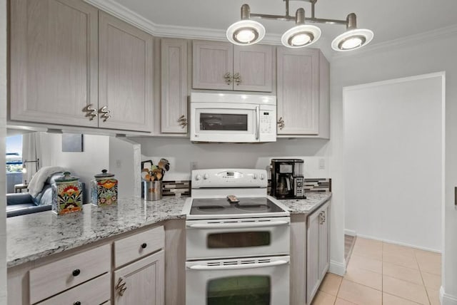 kitchen featuring light tile patterned flooring, white appliances, ornamental molding, and light brown cabinets