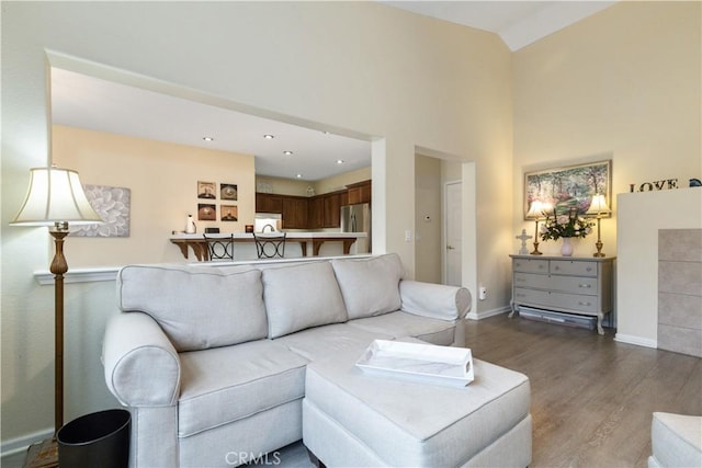 living room with hardwood / wood-style flooring and high vaulted ceiling