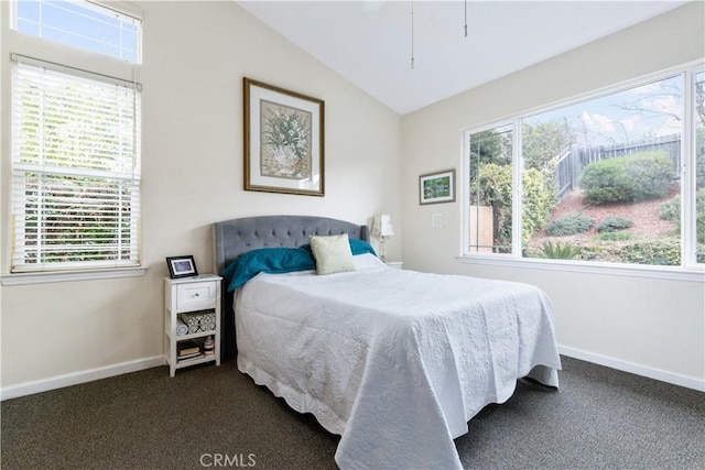 bedroom with vaulted ceiling and dark carpet