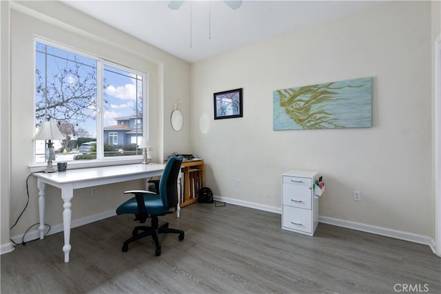 home office featuring dark hardwood / wood-style floors and ceiling fan