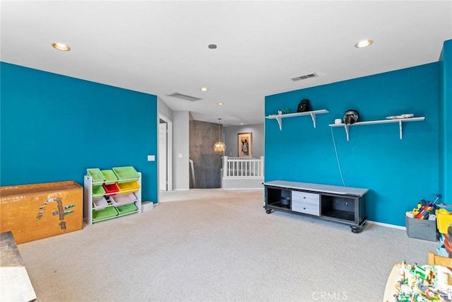 recreation room with recessed lighting, visible vents, carpet floors, and baseboards