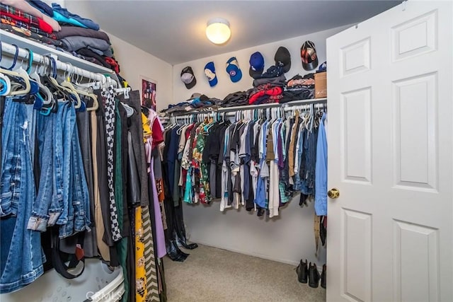 walk in closet with carpet floors