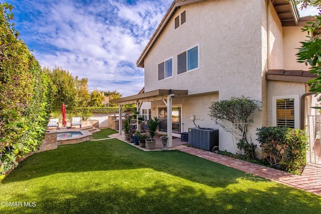 rear view of house with cooling unit, a patio, a pergola, and a lawn