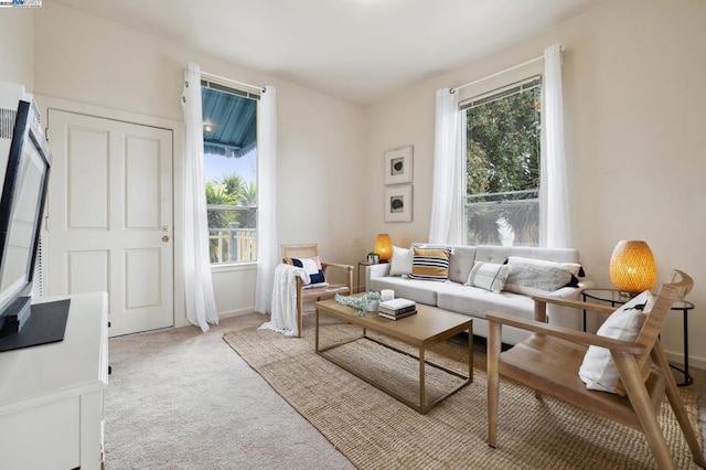 sitting room with light colored carpet