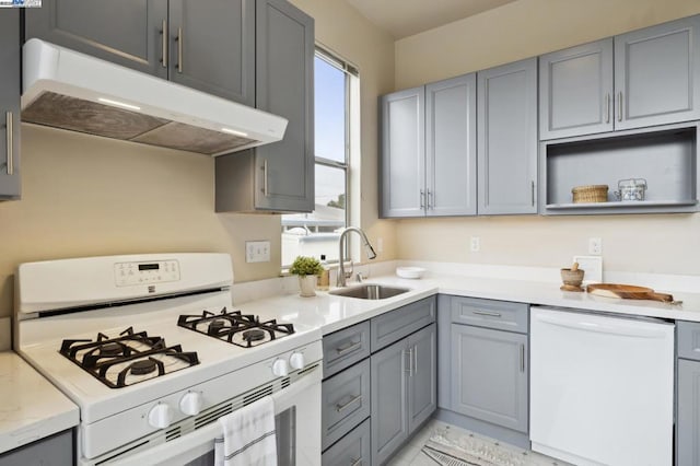 kitchen with sink, white appliances, and gray cabinets