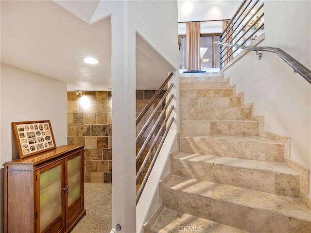 stairway featuring carpet floors