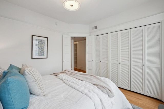 bedroom featuring hardwood / wood-style flooring and two closets