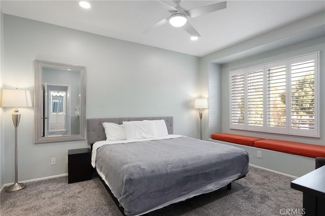 carpeted bedroom featuring ceiling fan