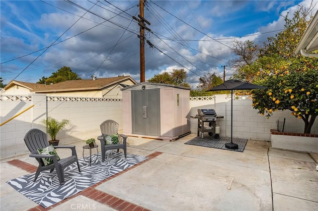 view of patio / terrace featuring a storage shed