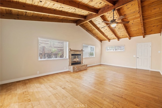 unfurnished living room with wood ceiling, ceiling fan, a fireplace, and light hardwood / wood-style flooring