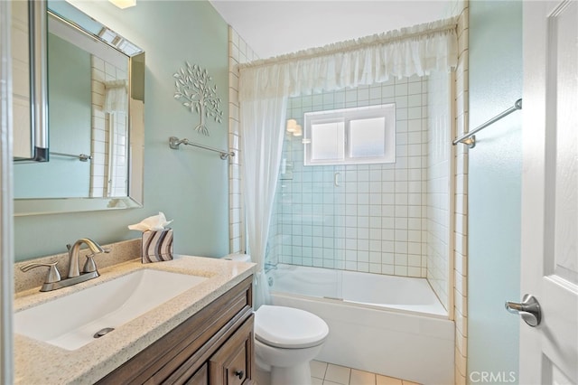 full bathroom with vanity, shower / bath combination with curtain, and toilet