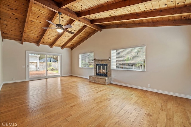 unfurnished living room with beamed ceiling, wood ceiling, a high end fireplace, and light hardwood / wood-style flooring