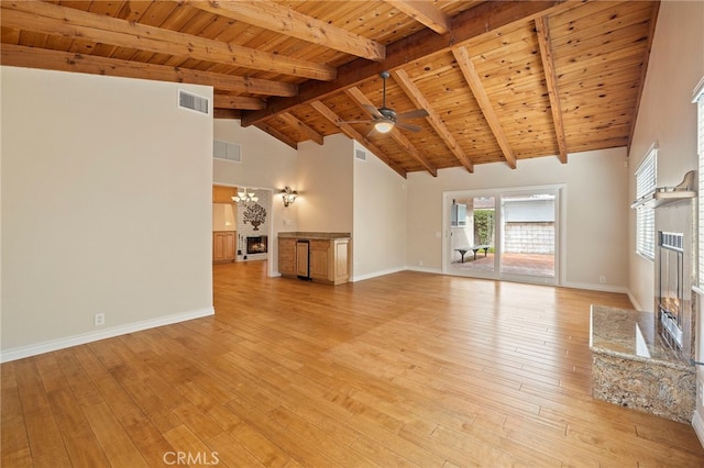 unfurnished living room with beamed ceiling, high vaulted ceiling, light hardwood / wood-style flooring, and wooden ceiling