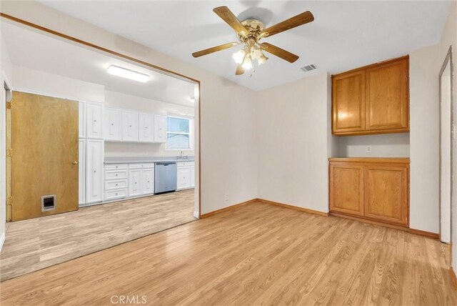 unfurnished living room featuring ceiling fan, sink, and light hardwood / wood-style flooring