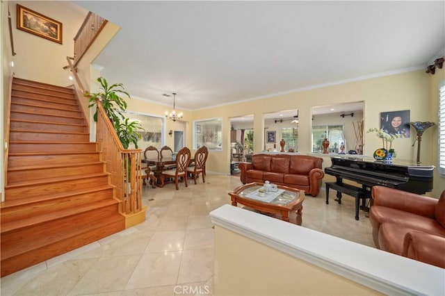 tiled living room with crown molding and a notable chandelier