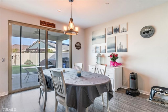 dining area featuring a mountain view and light hardwood / wood-style flooring