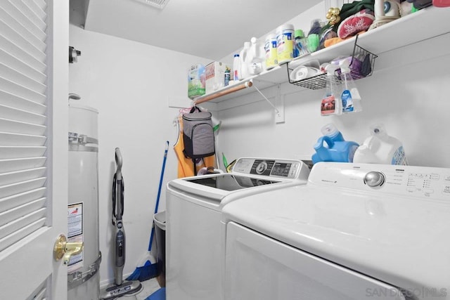 laundry room with strapped water heater and washing machine and dryer