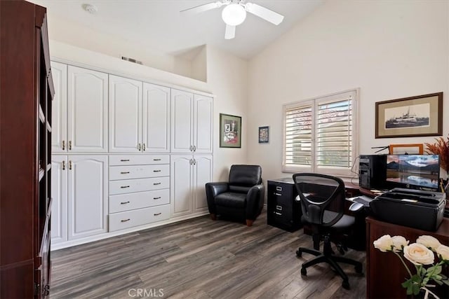 office area with ceiling fan, dark hardwood / wood-style floors, and high vaulted ceiling