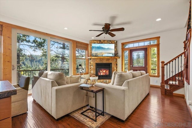 living room featuring plenty of natural light, dark hardwood / wood-style floors, and a fireplace