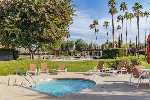 view of pool with a patio, a pergola, and a lawn