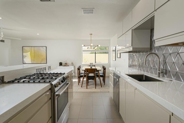 kitchen with sink, white cabinetry, stainless steel appliances, decorative backsplash, and decorative light fixtures