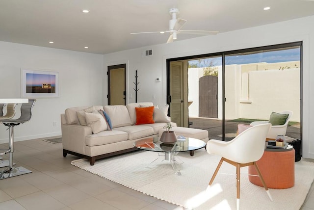 living room featuring ceiling fan