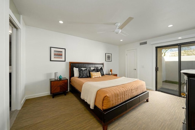 bedroom with dark carpet, access to outside, and ceiling fan