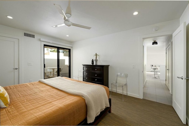 bedroom featuring access to outside and ceiling fan