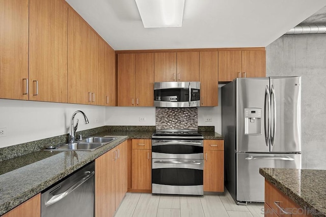 kitchen featuring sink, backsplash, dark stone counters, and appliances with stainless steel finishes