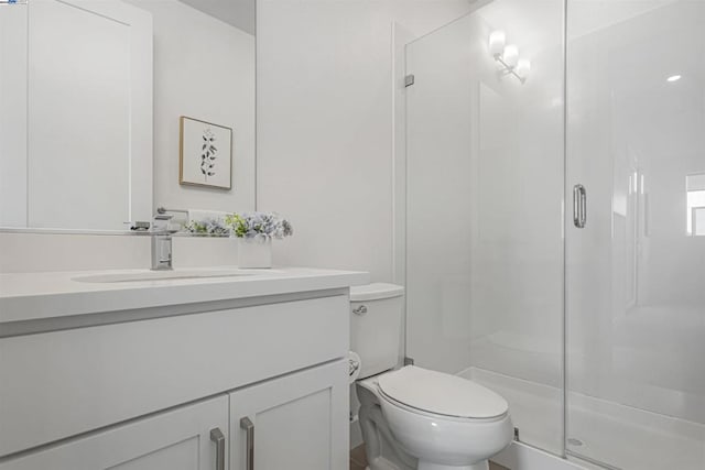 bathroom with vanity, a shower with shower door, and toilet