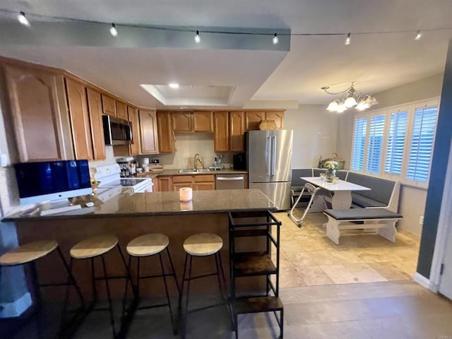 kitchen featuring sink, a raised ceiling, a notable chandelier, pendant lighting, and stainless steel appliances