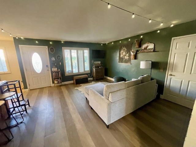 living room with hardwood / wood-style flooring and rail lighting