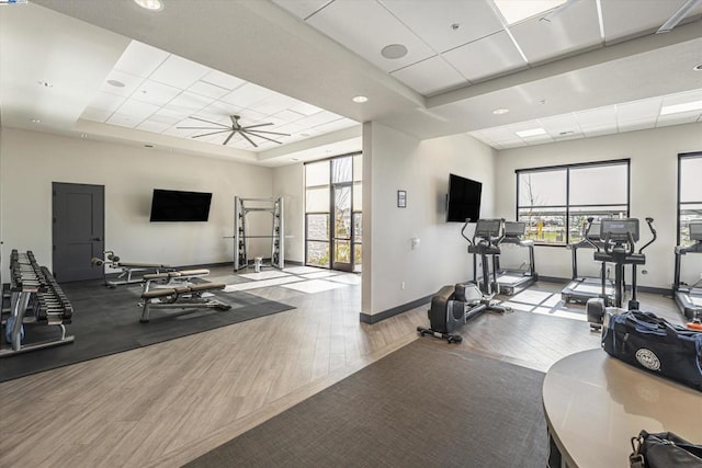 gym with wood-type flooring, plenty of natural light, ceiling fan, and a tray ceiling