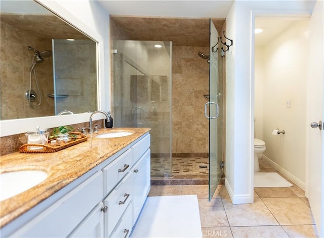 bathroom featuring an enclosed shower, vanity, tile patterned flooring, and toilet