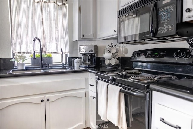 kitchen featuring white cabinetry, sink, and black appliances