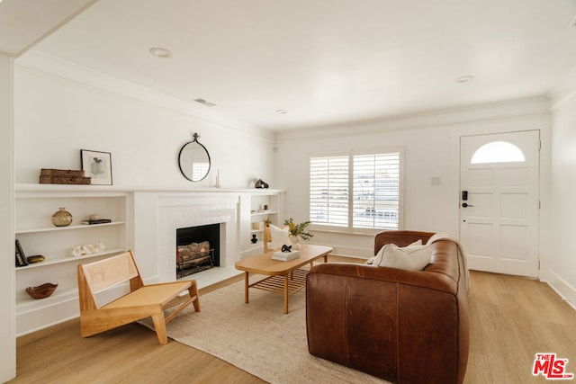 living room with ornamental molding and light hardwood / wood-style flooring