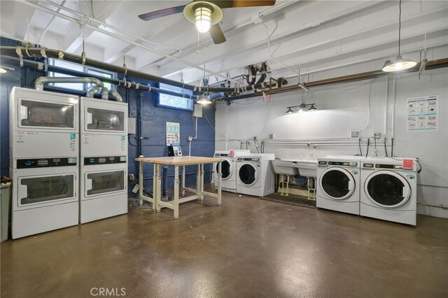 clothes washing area with ceiling fan, stacked washer / dryer, and washer and clothes dryer