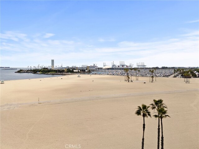 view of yard featuring a water view and a beach view