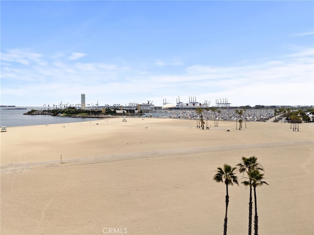 view of yard featuring a water view and a view of the beach