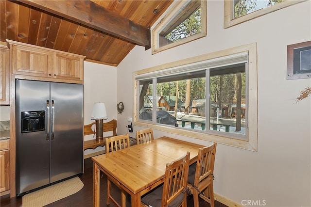 dining space featuring dark hardwood / wood-style flooring, vaulted ceiling with beams, and wood ceiling