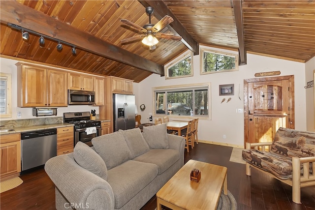 living room with ceiling fan, vaulted ceiling with beams, wooden ceiling, and dark hardwood / wood-style floors