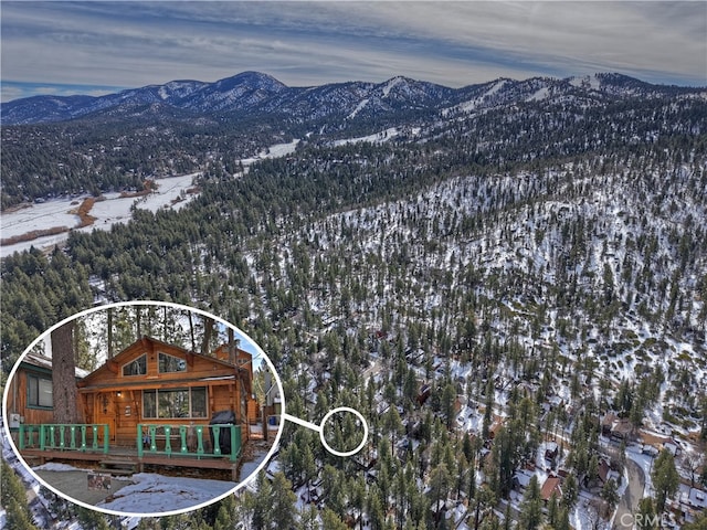 snowy aerial view with a mountain view