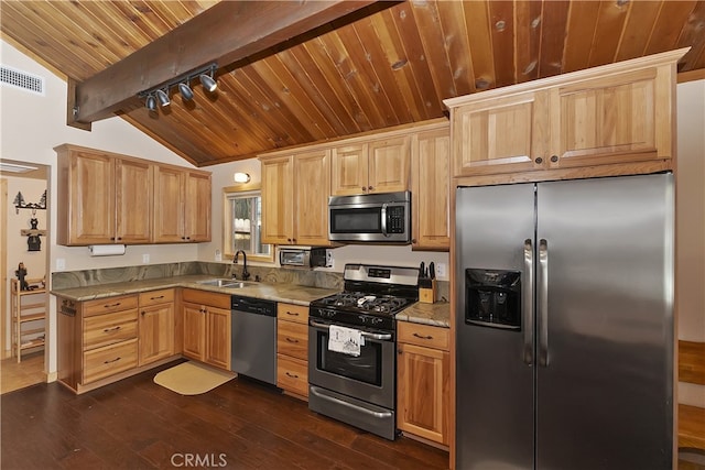 kitchen with dark wood-type flooring, sink, lofted ceiling with beams, wooden ceiling, and stainless steel appliances