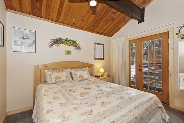 bedroom with lofted ceiling with beams, dark carpet, access to outside, and wood ceiling