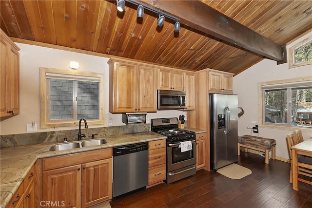 kitchen featuring appliances with stainless steel finishes, sink, wood ceiling, and dark hardwood / wood-style flooring