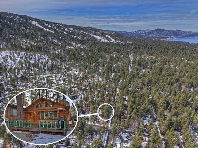 snowy aerial view with a mountain view