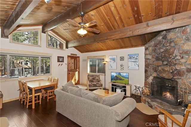 living room with wood ceiling, ceiling fan, dark hardwood / wood-style floors, a fireplace, and lofted ceiling with beams